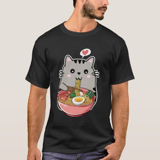 T-shirt Kawaii Chat Manger Ramen Noodles Kawaii Anime Chat (Devant)