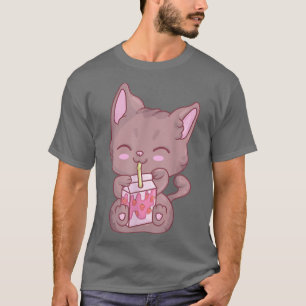 T-shirt Kawaii Chat Pour Femmes Filles Anime Fraise Lait M