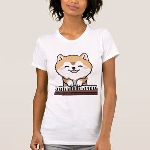 T-shirt Kawaii Chien mignon Jouer Piano Clavier
