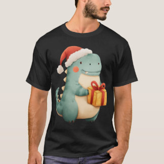 T-shirt Kawaii Christmas Dinosaur with Gift Cute Santa Din