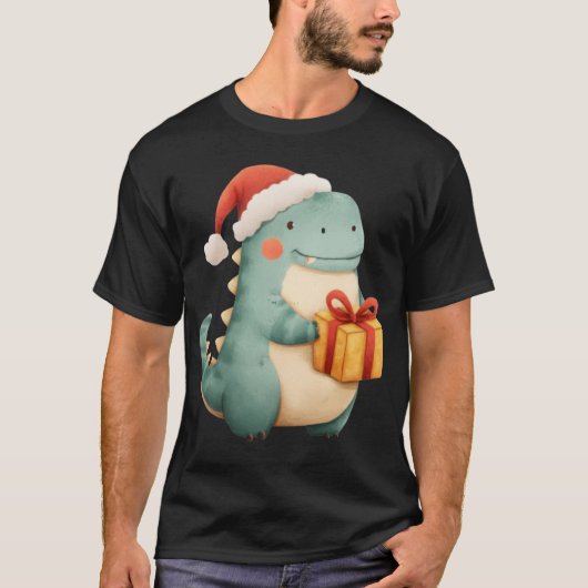 T-shirt Kawaii Christmas Dinosaur with Gift Cute Santa Din (Devant)