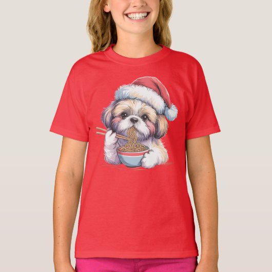 T-shirt Kawaii Cute Santa Shih Tzu Eating Ramen (Devant)