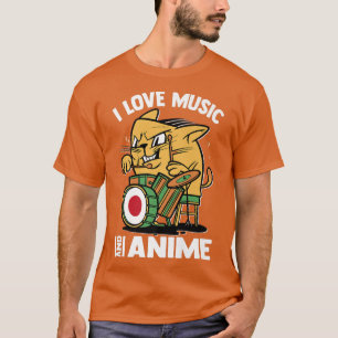 T-shirt Kawaii Drummer Cat I Love Music And Anime Otaku
