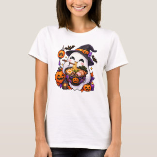 T-shirt Kawaii Fantôme d'Halloween mangeant du Ramen, nour