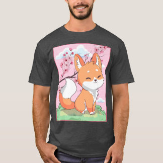 T-shirt Kawaii Fo Japonais Kitsune Sakura Cerry Blossom