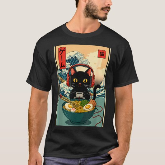 T-shirt Kawaii Gamer Cat Ramen Retro Japanese Funny Cat Ga (Devant)