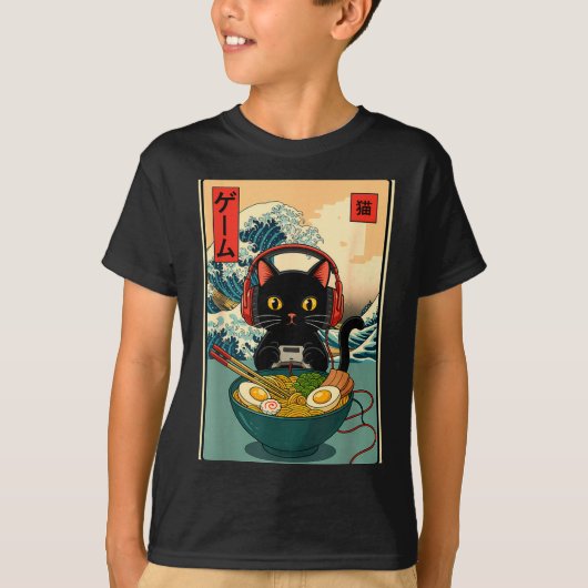 T-shirt Kawaii Gamer Cat Ramen Retro Japanese Funny Cat Ga (Devant)
