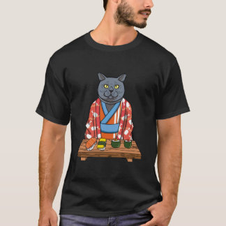 T-shirt Kawaii Japonais Anglais Shorthair Cat Kimono Sushi