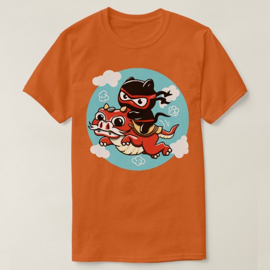 T-shirt Kawaii Ninja Chat à cheval sur un Dragon Rouge (Design devant)