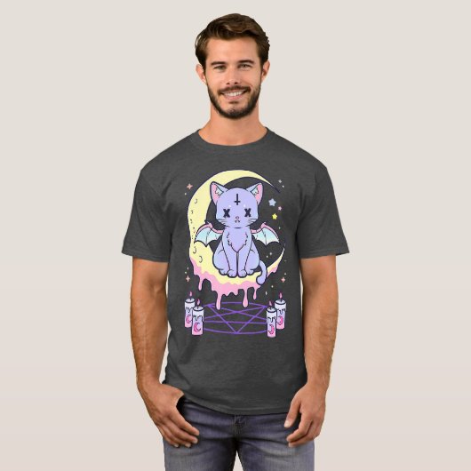 T-shirt Kawaii Pastel Goth Mignon Chat Noir Effrayant (Devant entier)