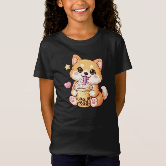 T-Shirt Kawaii Shiba Inu Drinking Bubble Tea Unisex (Devant)