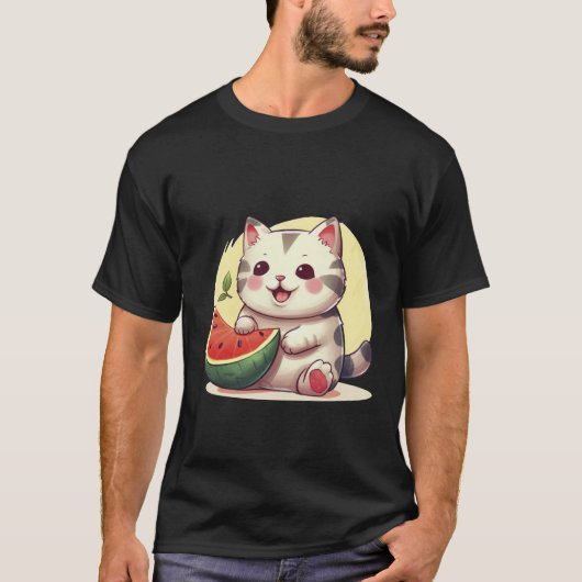 T-shirt Kawaii Spotted Cat with Watermelon Summer Art ✨🐾 (Devant)