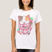 T-shirt Kawaii Strawberry Milk Cat Design (Devant)