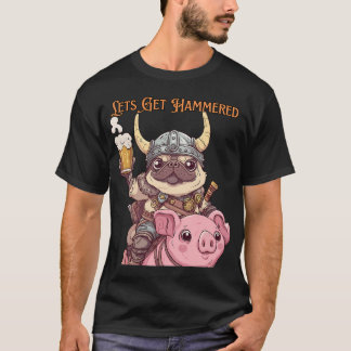 T-shirt Kawaii Viking Pug à Cheval sur un Cochon avec de l