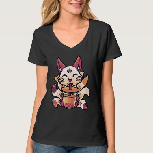 T-shirt Kitsune Boba Japonais Buble Thé Cute Fox (Devant)