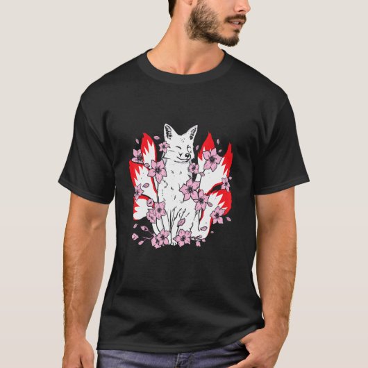 T-shirt Kitsune fox with japanese kitsune and cherry bloss (Devant)