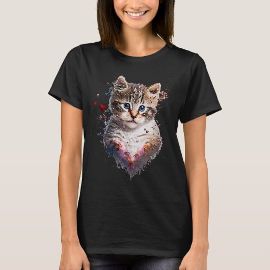 T-shirt Kitten Aquarelle Peinture Chat Maman Saint Valenti (Devant)