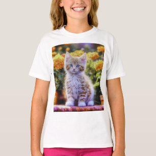 T-shirt Kitten au gingembre dans un jardin fleuri
