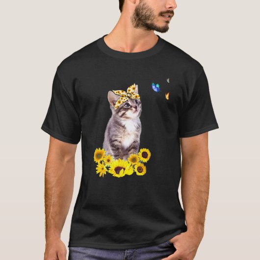 T-shirt Kitten Avec Tête De Tournesol Papillon Cat Avec B (Devant)