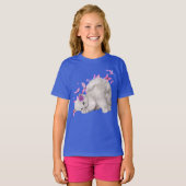 T-shirt Kitten blanc bouffant entouré de fleurs roses et (Devant entier)