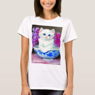 T-shirt Kitten blanc vintage aux fleurs roses