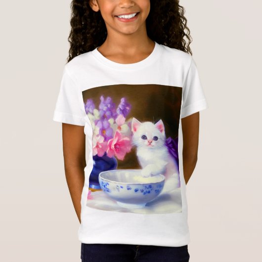 T-Shirt Kitten blanc vintage avec ruban violet (Devant)