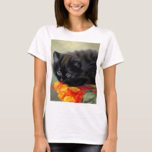 T-shirt Kitten noir vintage avec couverture de fleurs roug