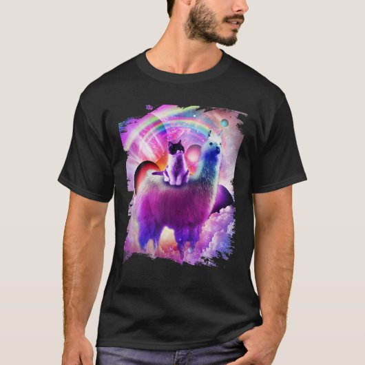 T-shirt Kitty Chat Riding Sur Rainbow Llama Dans L'Espace  (Devant)