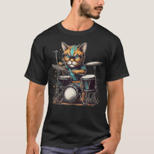 T-shirt Kitty Chat Rockstar Punk Joueur de Batterie Drumme