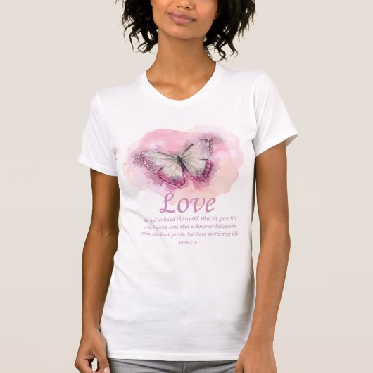T-shirt La Bible chrétienne des femmes Verse Papillon :Amo (Devant)