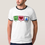 T-shirt La chimie de l'amour pour la paix<br><div class="desc">Si vous êtes un scientifique ou avez besoin d'un cadeau geek pour les nerd dans votre vie,  ce design mignon comporte un signe de paix,  le coeur,  et des produits chimiques dans un bécher.</div>