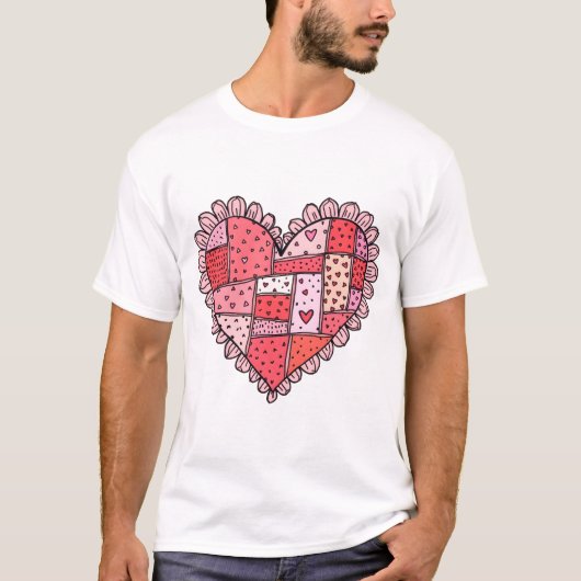 T-shirt La Saint-Valentin Faux Patchwork Cœur Style Doodle (Devant)