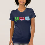 T-shirt La Science d'amour de paix<br><div class="desc">Un cadeau mignon de chemise de scientifique pour un professeur de chimie ou un professeur de biologie. La Science d'amour de paix avec un signe de paix,  un coeur,  et un modèle d'atome.</div>