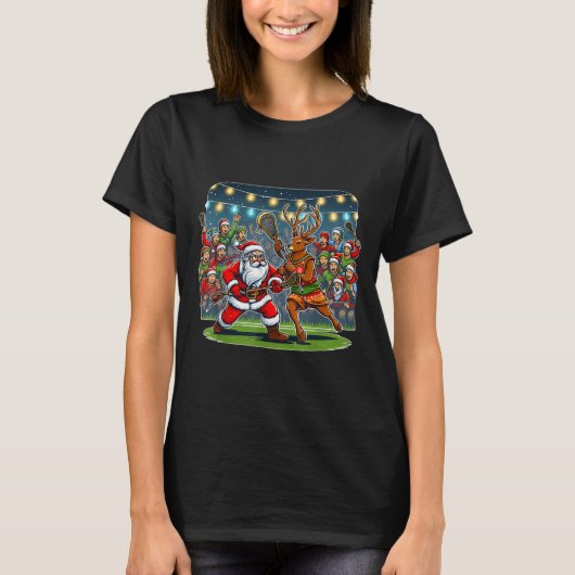 T-shirt Lacrosse Player Christmas Santa Reindeer Playing L (Devant)
