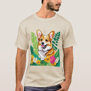 T-shirt L'adorable Corgi rit parmi les fleurs