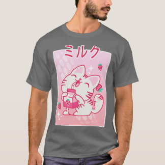 T-shirt Lait de fraise japonais Kawaii Kitten Otaku Mang