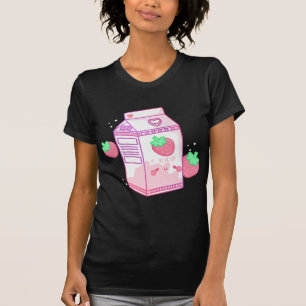 T-shirt Lait de fraise rose mignonne Japonais Kawaii Retro