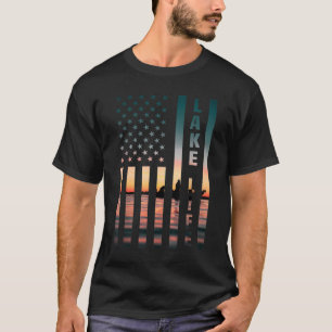 T-shirt Lake Life Fishman Sunset American Flag Bass Fish