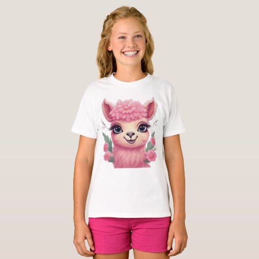 T-shirt Lama bébé rose souriant (Devant entier)