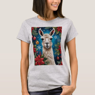 T-shirt Lama de Noël avec poinsettias et ornements