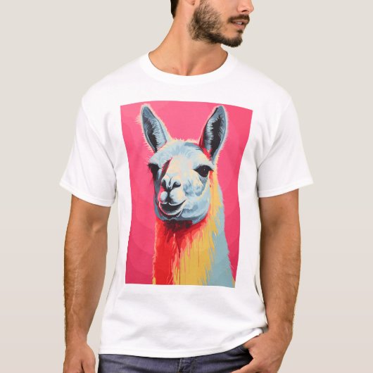 T-shirt Lama face colors, hand drawn silk screen (Devant)