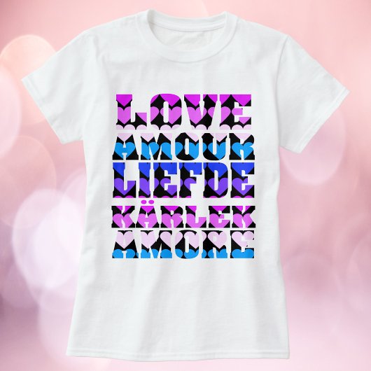 T-shirt L'amour dans plusieurs langues Coeurs rose violet