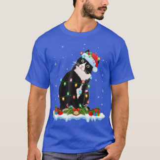 T-shirt L'Amoureux des chats noir Xmas Lights Père Noël Bl