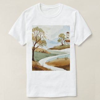 T-shirt landscape of hills with small houses