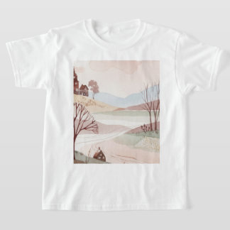 T-shirt landscape of hills with small houses