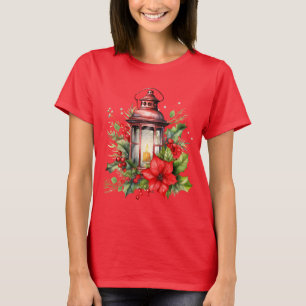 T-shirt Lanterne rouge de Noël Poinsettia et pin