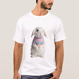 T-shirt Lapin Blanc Adorable Portant un Tricot Pastel