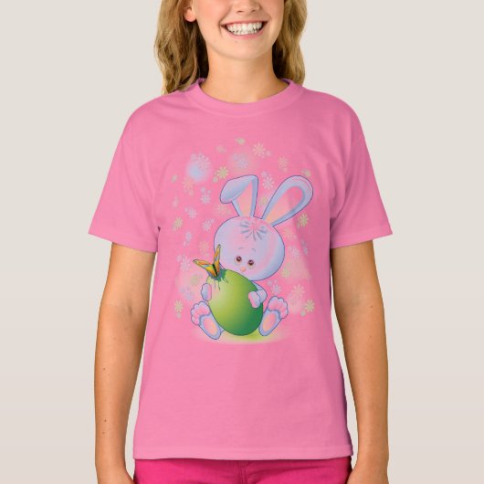 T-shirt Lapin de Pâques avec Oeuf et Fleurs (Devant)