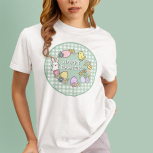 T-shirt Lapin de Pâques Œufs Gingham Vert Joyeuses Pâques
