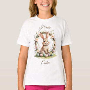 T-shirt Lapin de Pâques Vintage Joyeux avec Couronne Flora